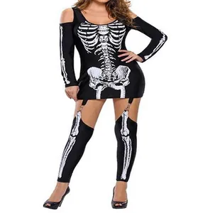 Sexy cold shoulder Halloween costume with realistic white skeleton print for party