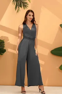 Elegant dark grey multi-way wrap jumpsuit with V-neck and wide legs for women.