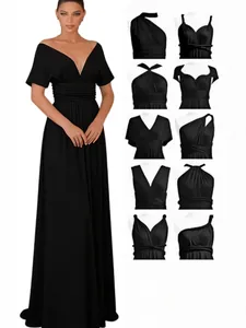 Elegantes schwarzes Multiway-Bandage-Maxikleid für Brautjungfern und formelle Galas