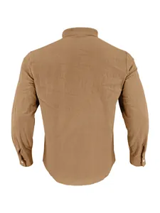 Back view of a casual men's long sleeve khaki cotton linen shirt featuring a stand collar