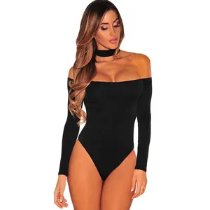 Sexy schulterfreier langärmliger schwarzer Body mit schickem Choker-Halsband für Damen