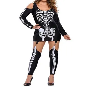 Close-up detail of the sexy off-shoulder skeleton print mini dress and matching leggings
