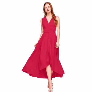 Elegant rose red multi-way wrap dress featuring a high-low hemline and pleated waist