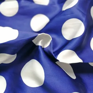 Detailed macro view of high-quality blue fabric with white retro polka dot pattern