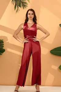 Elegant red satin multi-wear wrap jumpsuit featuring a wide leg cut for women