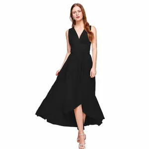 Detailed view of the elegant black multi-way dress with high-low asymmetrical hem
