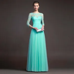 Elegantes mintgrünes Abendkleid mit Spitze und langen Ärmeln für Damen mit bodenlangem Rock