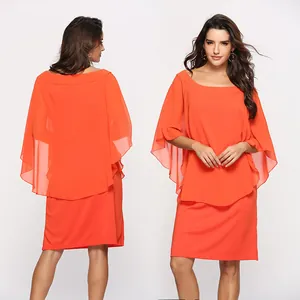 Front and back view of elegant orange chiffon plus size layered party dress for women