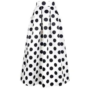 Retro style high-waist A-line midi skirt featuring classic large black polka dots on white background