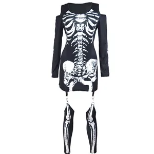 Detailed view of black skeleton print Halloween costume with cold-shoulder design