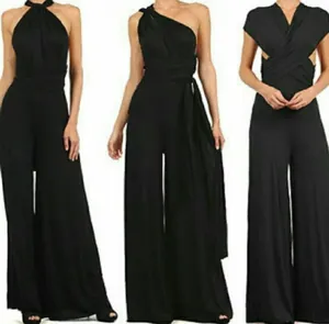 Detail showing three different ways to wear the black multi-way wide-leg jumpsuit.