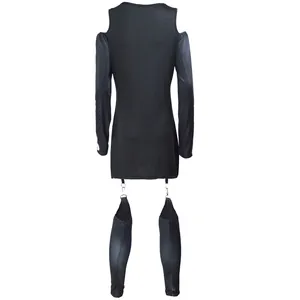 Detailed back view of a black cold shoulder Halloween skeleton costume dress.