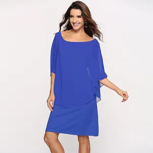 Elegant royal blue layered chiffon dress featuring a sheer poncho-style overlay for plus size women
