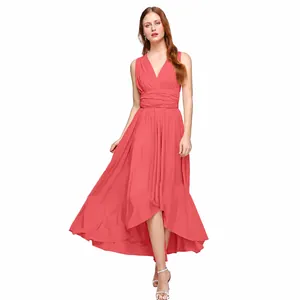 Elegant coral multi-way bandage dress featuring a high-low hemline and a stylish V-neck