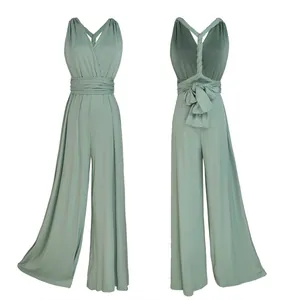 Professional front and back view of a dusty green multi-way convertible wide-leg jumpsuit.