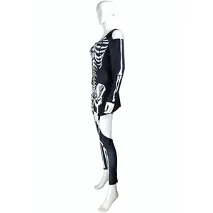 Side view detail of a sexy black skeleton print Halloween costume with cold shoulder design