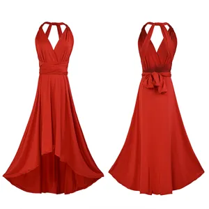Front and back view of red high-low multi-way infinity bandage dress for women