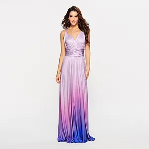 Detail of elegant multi-way wrap maxi dress with vibrant purple gradient design.
