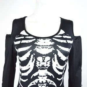 Detail view of black Halloween costume with white skeleton ribcage print and cold shoulders.