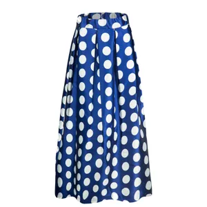 Vintage style blue and white polka dot high waist A-line midi skirt with large swing hem