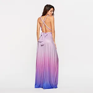 Back view of a multi-way cross backless maxi dress with purple-blue gradient
