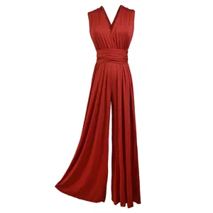 Detailed front view of a red multi-way infinity jumpsuit with elegant wide-leg trousers