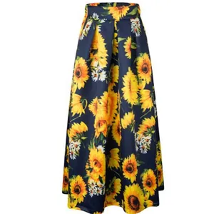 Detailed view of a high-waist A-line maxi skirt with vibrant vintage sunflower print