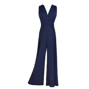 Detailed front view of navy blue multi-way convertible long wide-leg jumpsuit
