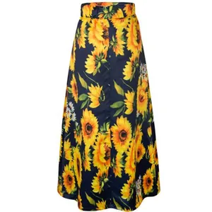 Front view of vintage high-waisted A-line skirt with vibrant sunflower floral print