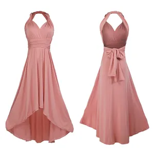 Front and back view of a pink high-low multi-way backless bandage maxi dress