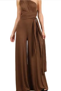 Detail shot of elegant brown multi-way bandage jumpsuit with wide leg silhouette