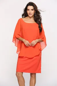 Elegant bright orange plus size chiffon two-piece dress with layered flutter cape sleeves
