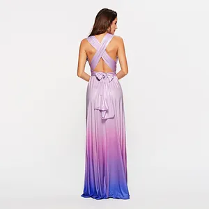 Back view of a multi-way infinity maxi dress with a purple to blue gradient finish