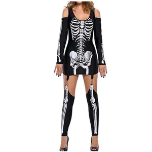 Women's Sexy Cold Shoulder Halloween Skeleton Printed Top And Bottom Long Sleeve Dress With Matching Leg Warmers Costume Outfit