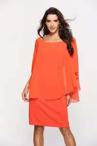 Elegant orange chiffon fake two-piece dress for women with chic capelet design
