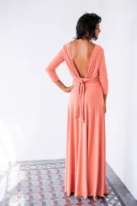 Back view detail of coral three-quarter sleeve multi-way infinity maxi dress
