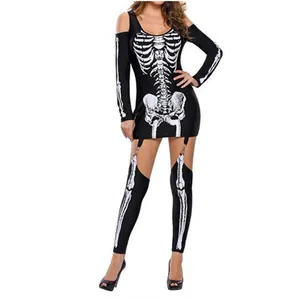 Sexy cold-shoulder Halloween skeleton print costume set for cosplay parties