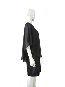 Side view detail showing the layered chiffon overlay of this black plus size dress