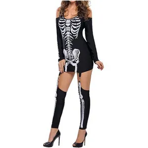 Sexy off-shoulder Halloween skeleton bone print costume dress for masquerade parties
