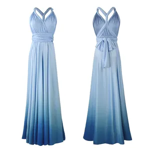 Detailed front and back view of elegant light blue ombre multi-way wrap maxi dress