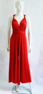 Detailed view of an elegant red multi-way convertible bandage jumpsuit on a mannequin