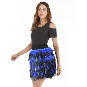 Luxe mini-rok van blauwe en zwarte pauwenveren voor jazzdans en professionele podiumoptredens