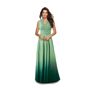 Elegant multi-way green gradient evening gown featuring a deep V-neck and a flowy silhouette