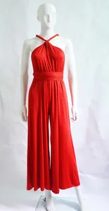 Full front detail showing the multi-way halter neckline of a vibrant red wide-leg jumpsuit