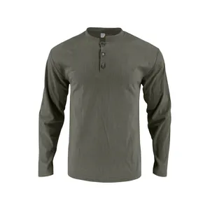 Olive green men's long-sleeve Henley shirt with ribbed corduroy texture and button placket