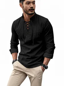 Men's black cotton linen Henley shirt featuring a lace-up neck and long sleeves for casual beach wear