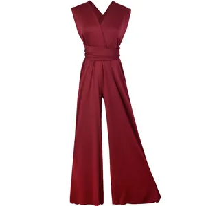 Detail of burgundy multi-way wrap jumpsuit with elegant wide-leg design and v-neck