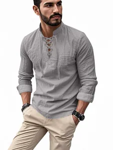 Men's grey cotton linen Henley shirt with lace-up collar, long sleeves and slim fit
