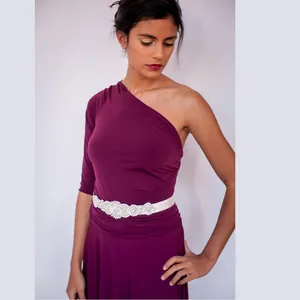 Elegant one-shoulder multi-way bandage evening gown with decorative beaded belt