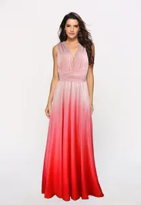 Full-length view of a pink to red gradient multi-way wrap evening maxi dress